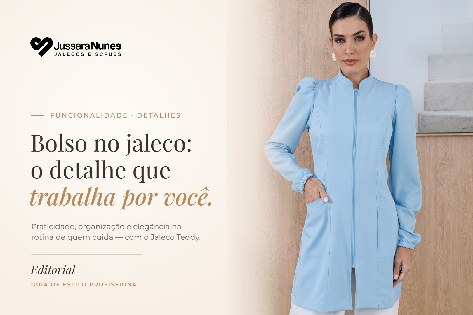 Bolso no jaleco: capa do blog Jussara Nunes com profissional usando o Jaleco Teddy Azul Céu com a mão no bolso funcional