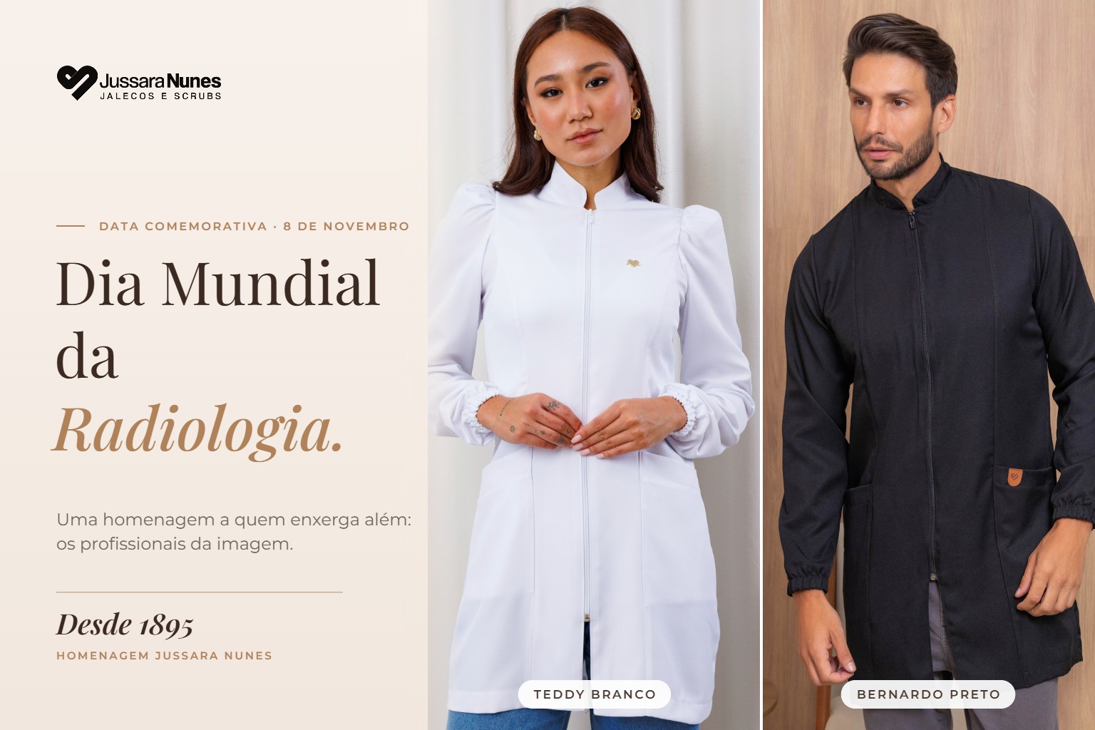 Jaleco Teddy Branco e Jaleco Bernardo Preto da Jussara Nunes — capa do post sobre o Dia Mundial da Radiologia, 8 de novembro