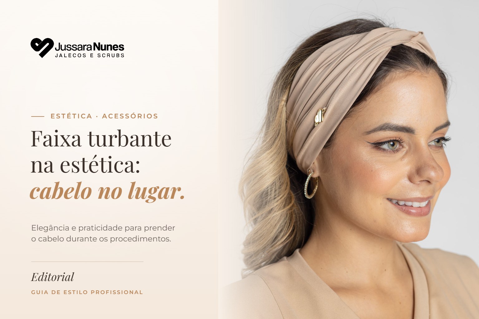 Capa faixa turbante na estética: profissional usando Faixa Turbante Versátil Poliamida Bege da Jussara Nunes