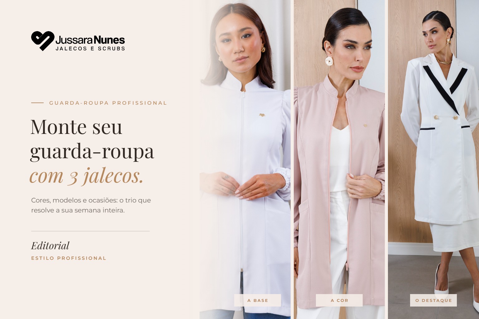 Guarda-roupa profissional com 3 jalecos: Teddy branco, Teddy rosê e Aurora da Jussara Nunes Jalecos e Scrubs