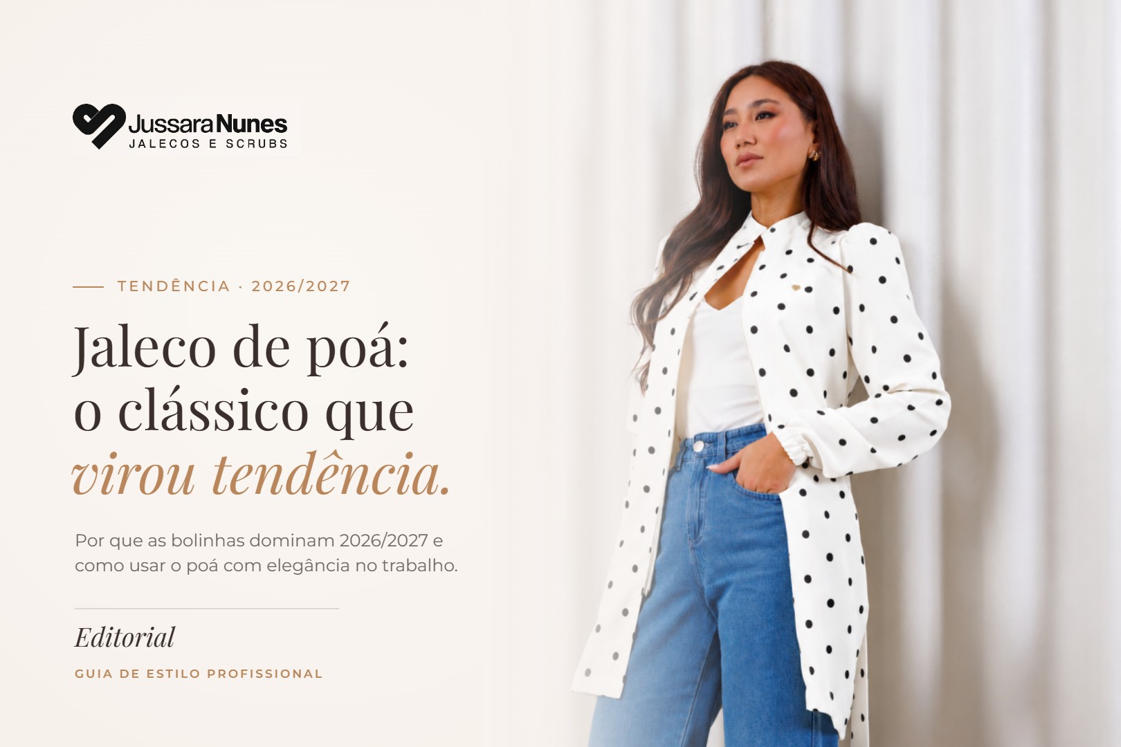 Jaleco feminino estampado de poá branco com bolinhas pretas – tendência 2026/2027 Jussara Nunes Jalecos