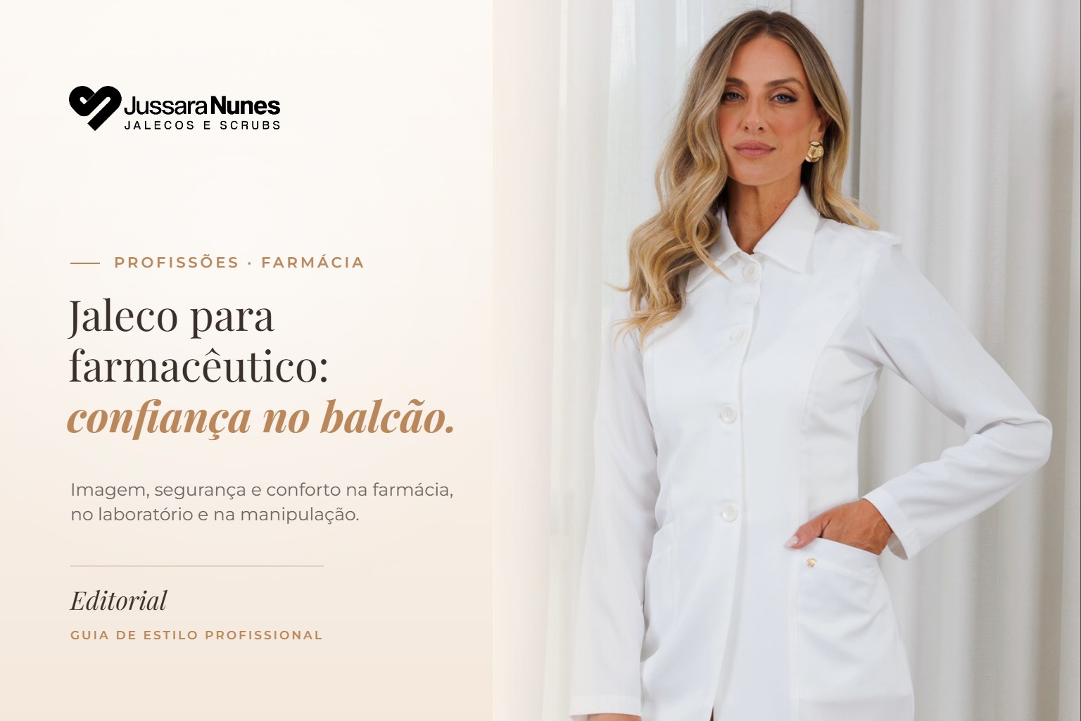 Capa jaleco para farmacêutico: profissional usando Jaleco Clean Branco com botões da Jussara Nunes