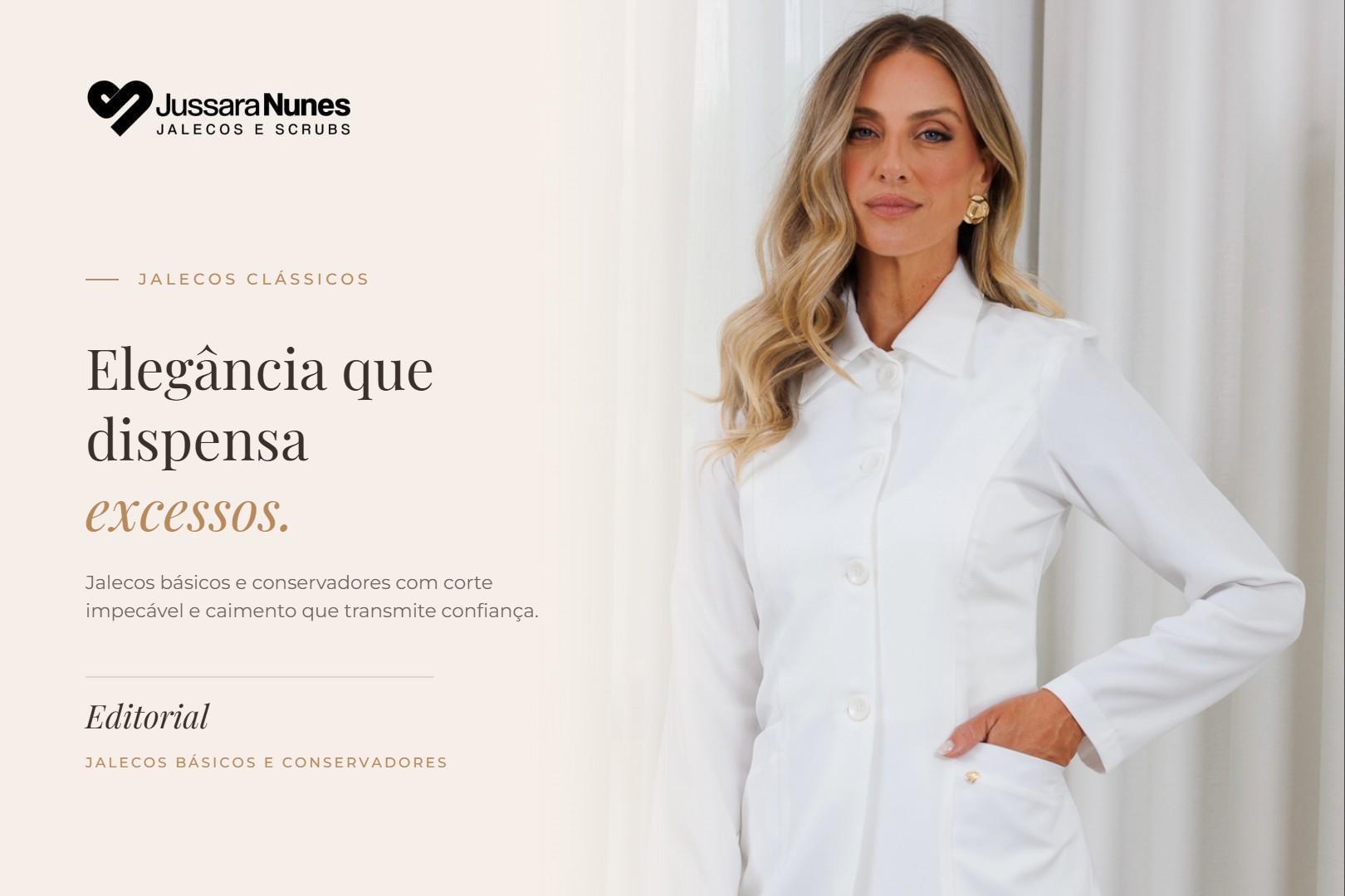 Jaleco feminino branco básico e conservador de gabardine com botões - Jussara Nunes Jalecos e Scrubs