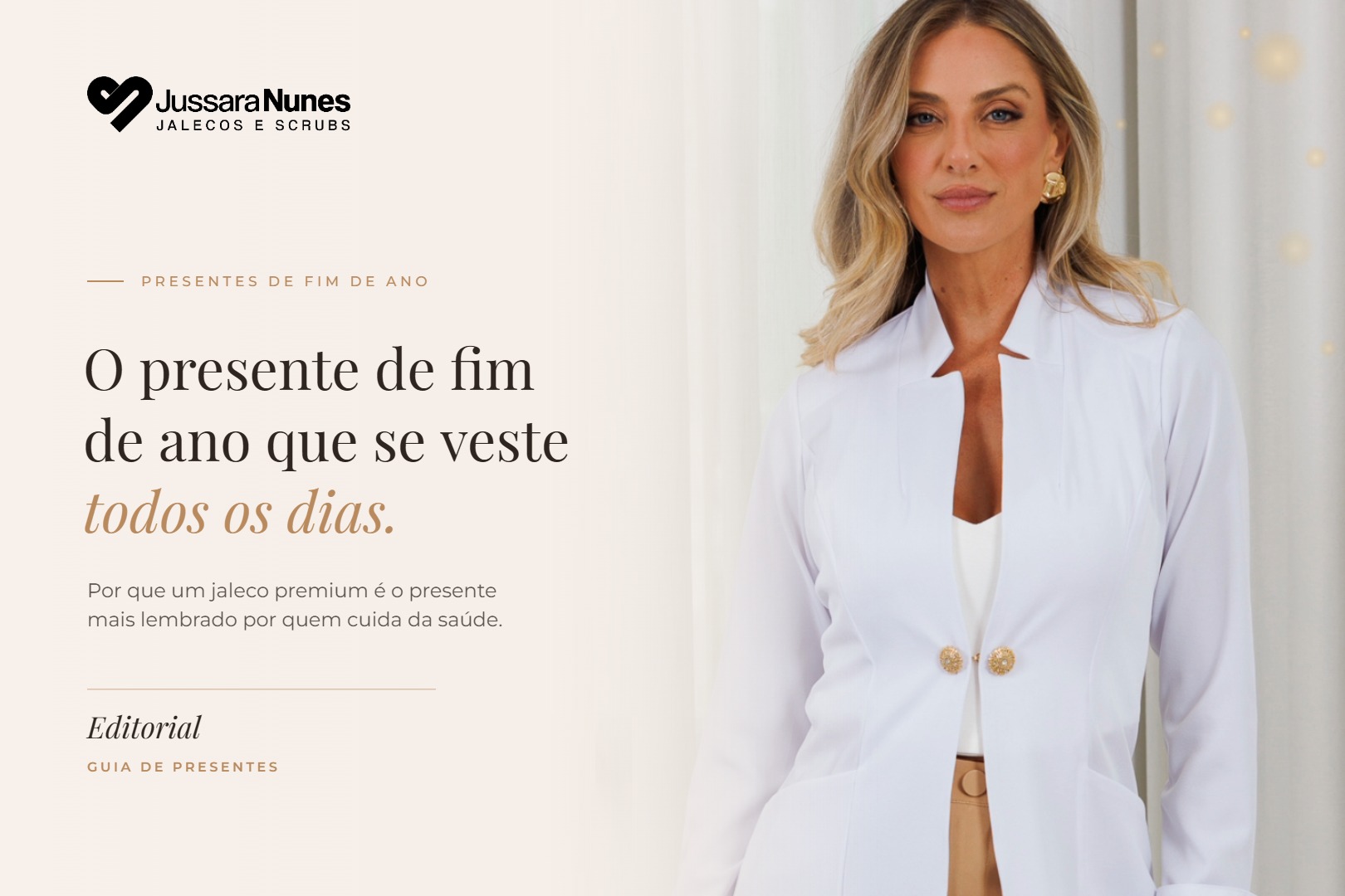 Capa do blog Jussara Nunes: presente de fim de ano para profissionais da saúde — profissional usando jaleco premium branco de alfaiataria com botões dourados