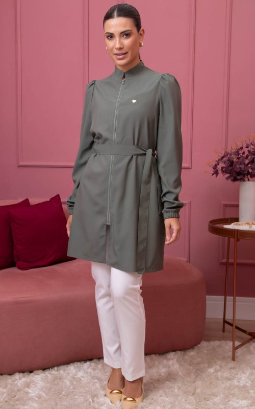 Jaleco Feminino Manga Longa Acinturado Oxfordine Amora Verde Musgo