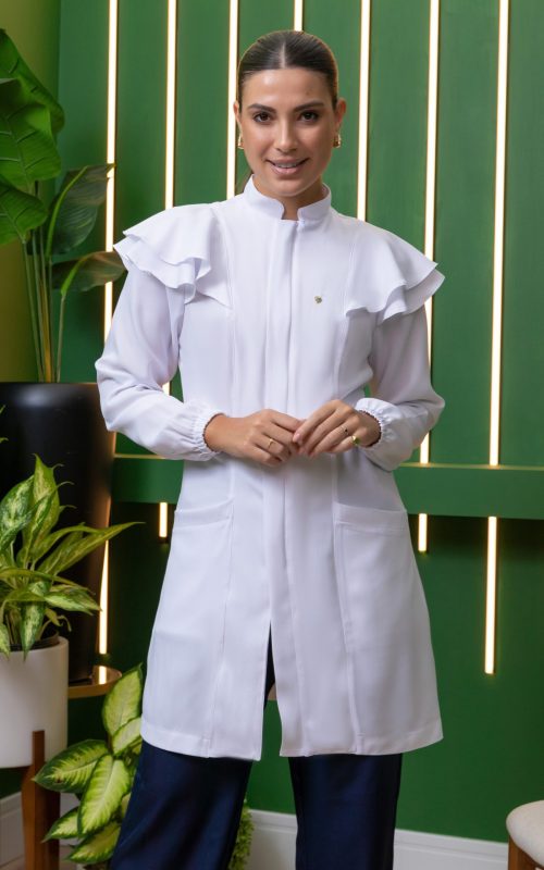 Jaleco Feminino Manga Longa Babados Alfaiataria Adris Branco
