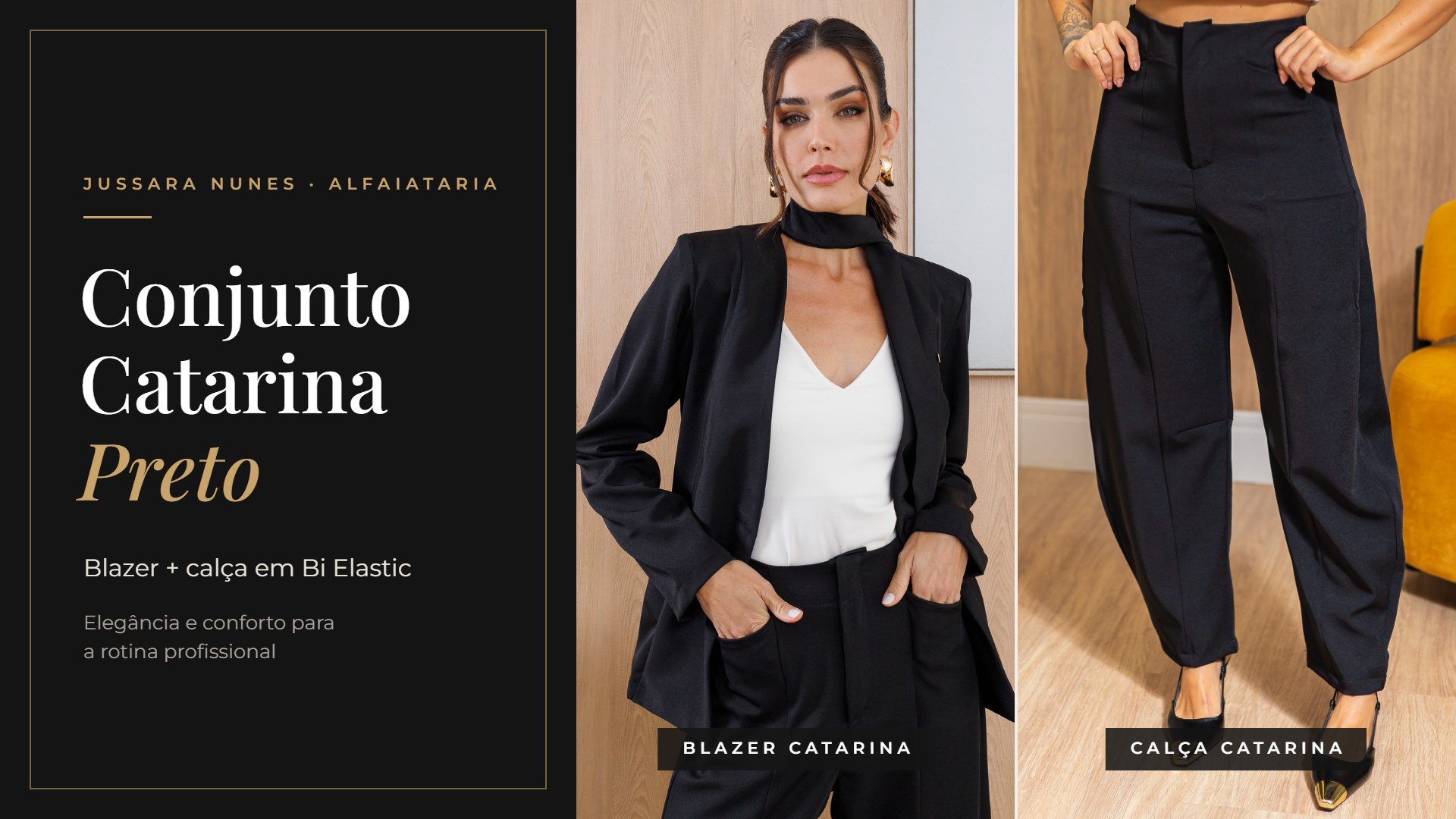 Conjunto Catarina Preto: Blazer Catarina e Calça Catarina de alfaiataria em Bi Elastic – Jussara Nunes