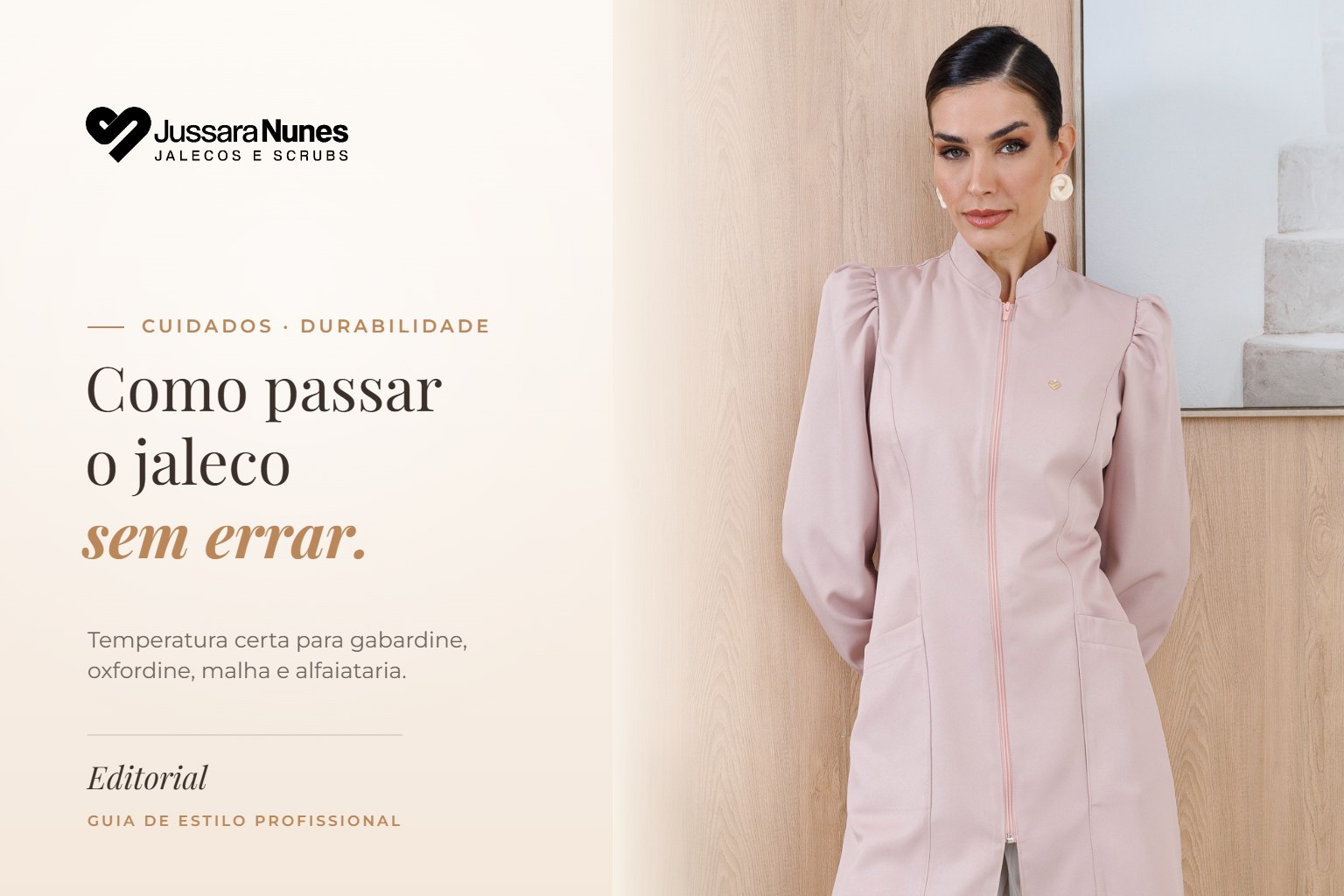 Capa como passar jaleco: profissional usando Jaleco Teddy Rosê em gabardine da Jussara Nunes