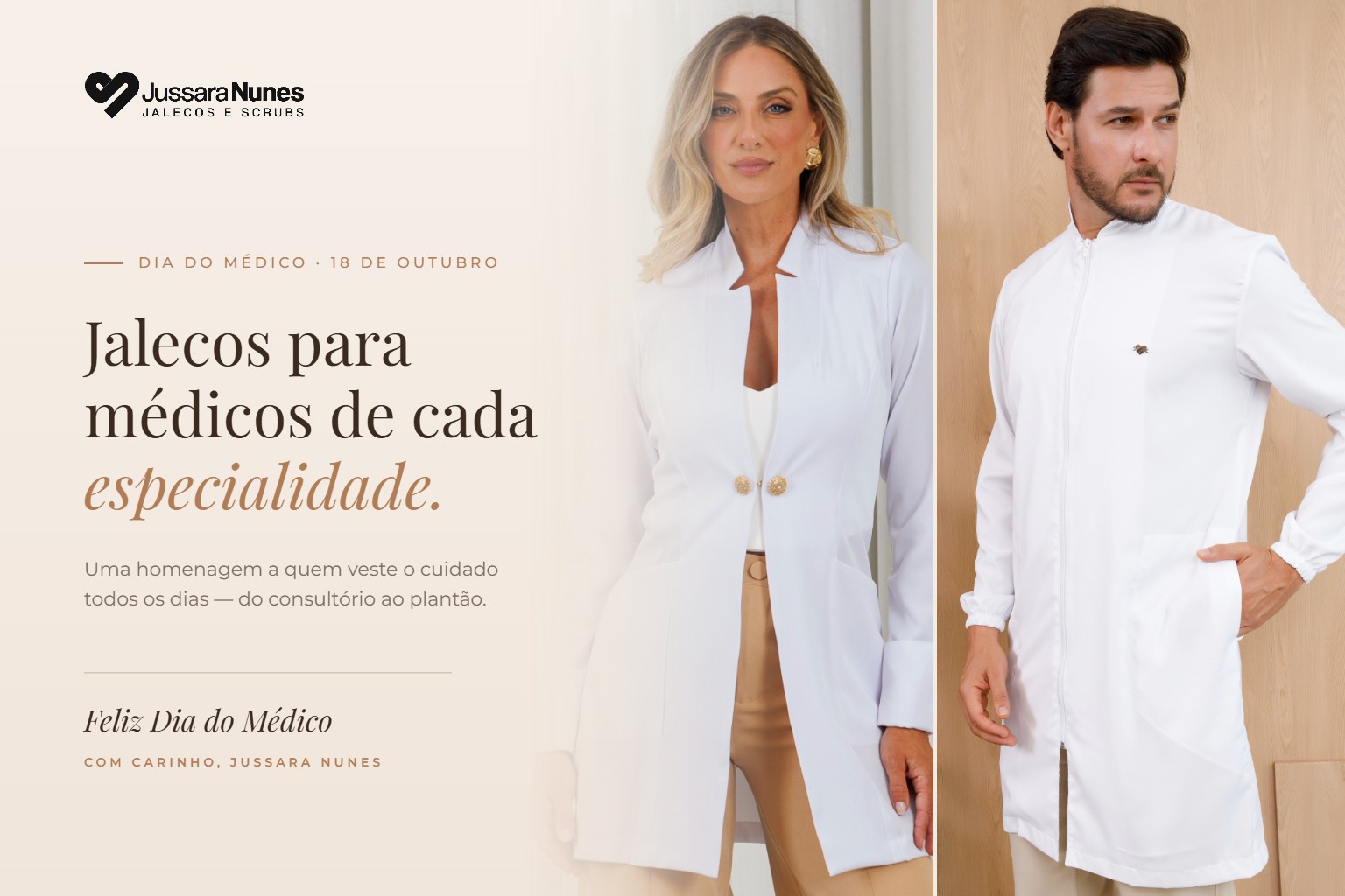 Jalecos para médicos de cada especialidade — capa do Dia do Médico (18 de outubro) da Jussara Nunes Jalecos e Scrubs, com médica e médico usando jalecos brancos