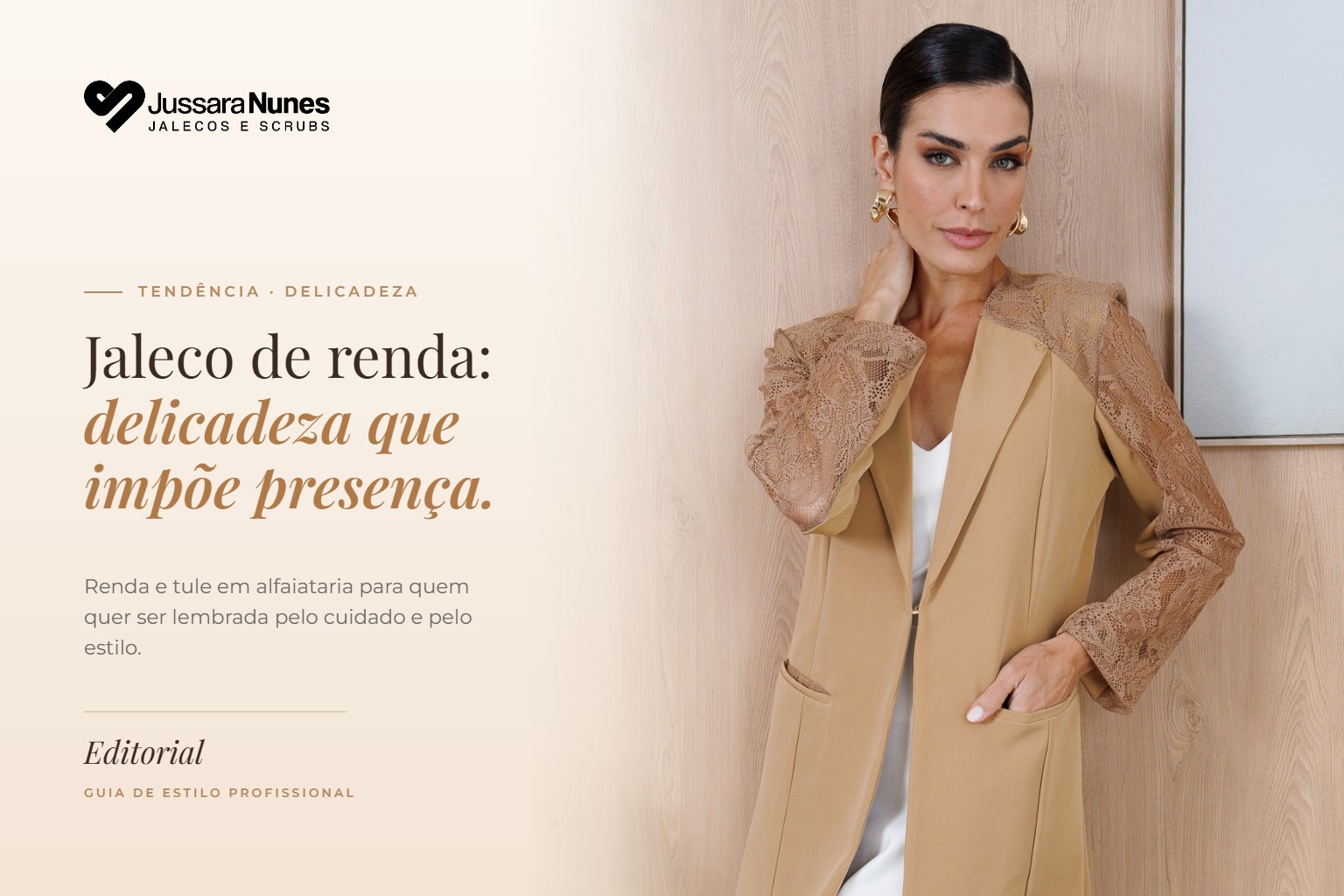 Capa Jaleco de renda: profissional usando o Jaleco Renda Alfaiataria Arabesco da Jussara Nunes
