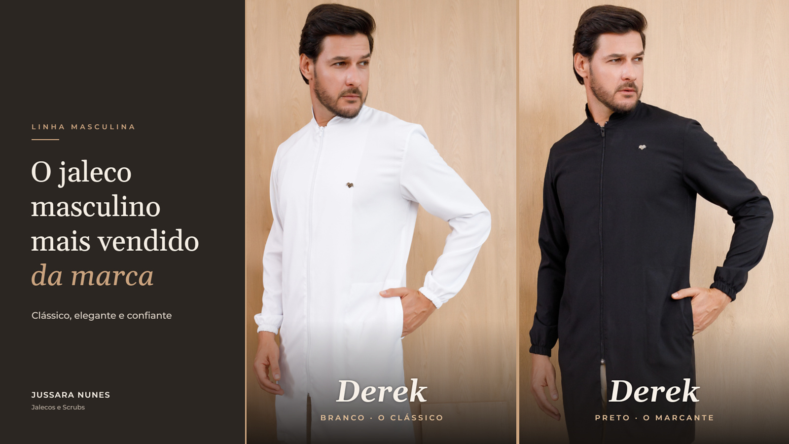 Jaleco masculino Derek em Oxfordine Premium nas cores branco e preto, o mais vendido da Jussara Nunes