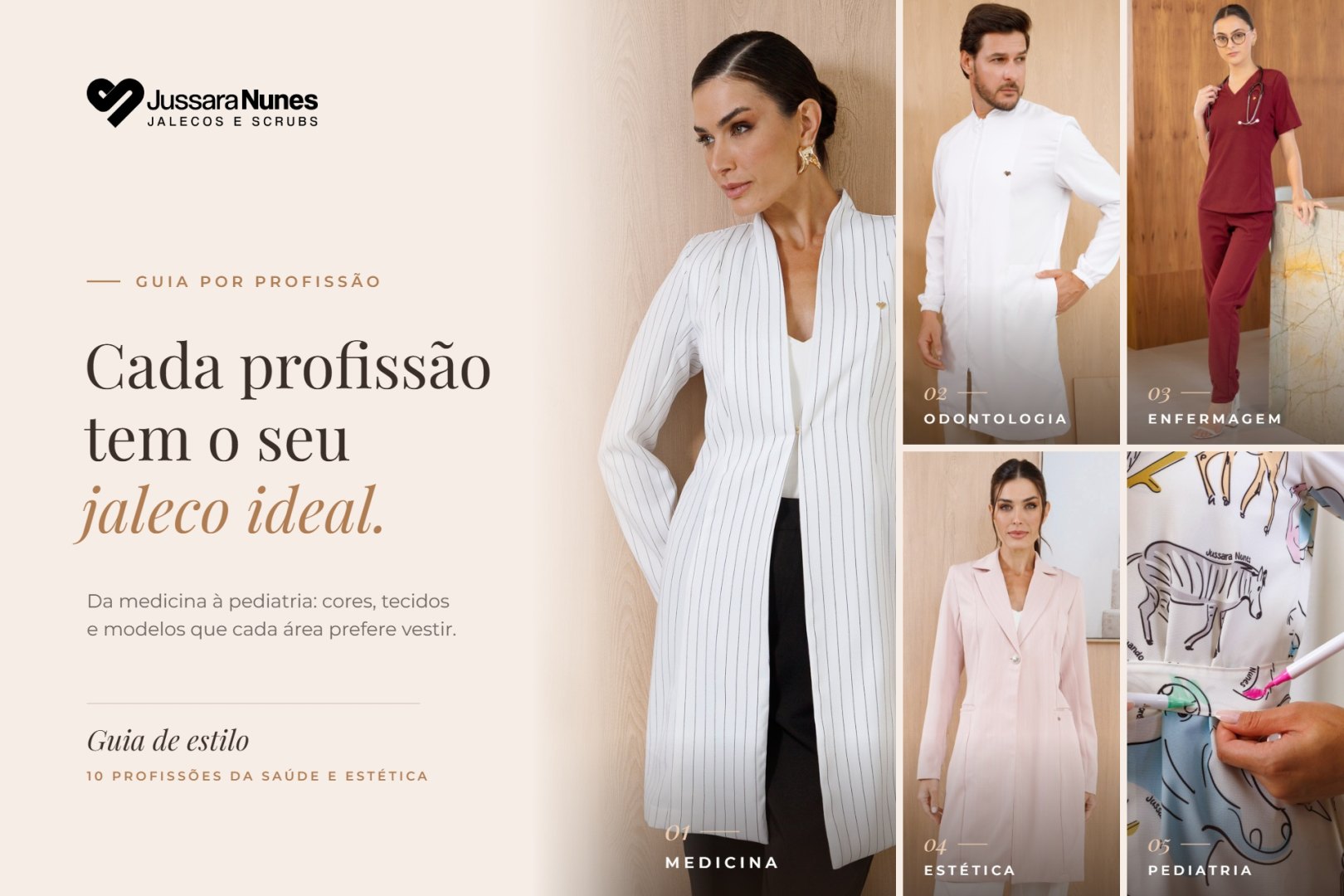 Jaleco ideal para cada profissão: profissionais de medicina, odontologia, enfermagem, estética e pediatria vestindo jalecos e scrubs Jussara Nunes