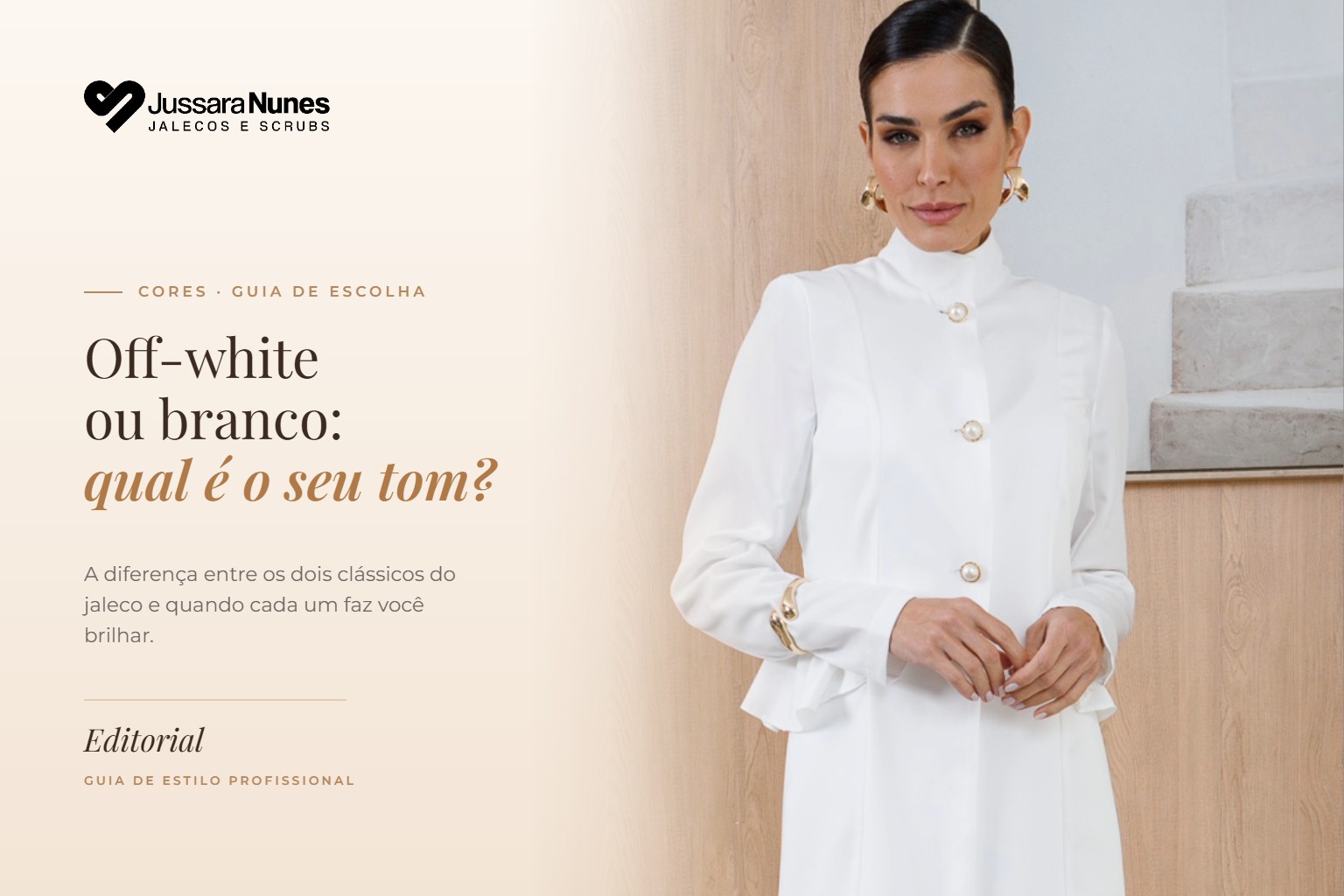 Capa Jaleco off-white ou branco: profissional usando o Jaleco Peplum Lis Off-White da Jussara Nunes
