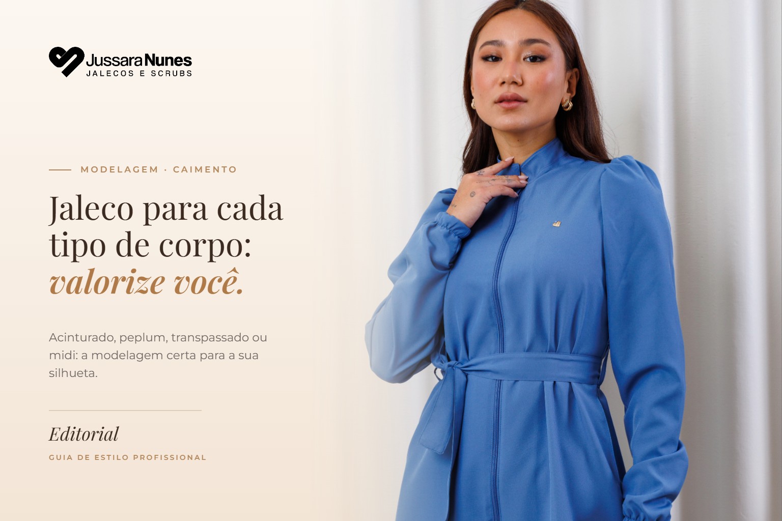 Capa Jaleco para cada tipo de corpo: profissional usando o Jaleco Acinturado Amora Azul Jeans da Jussara Nunes