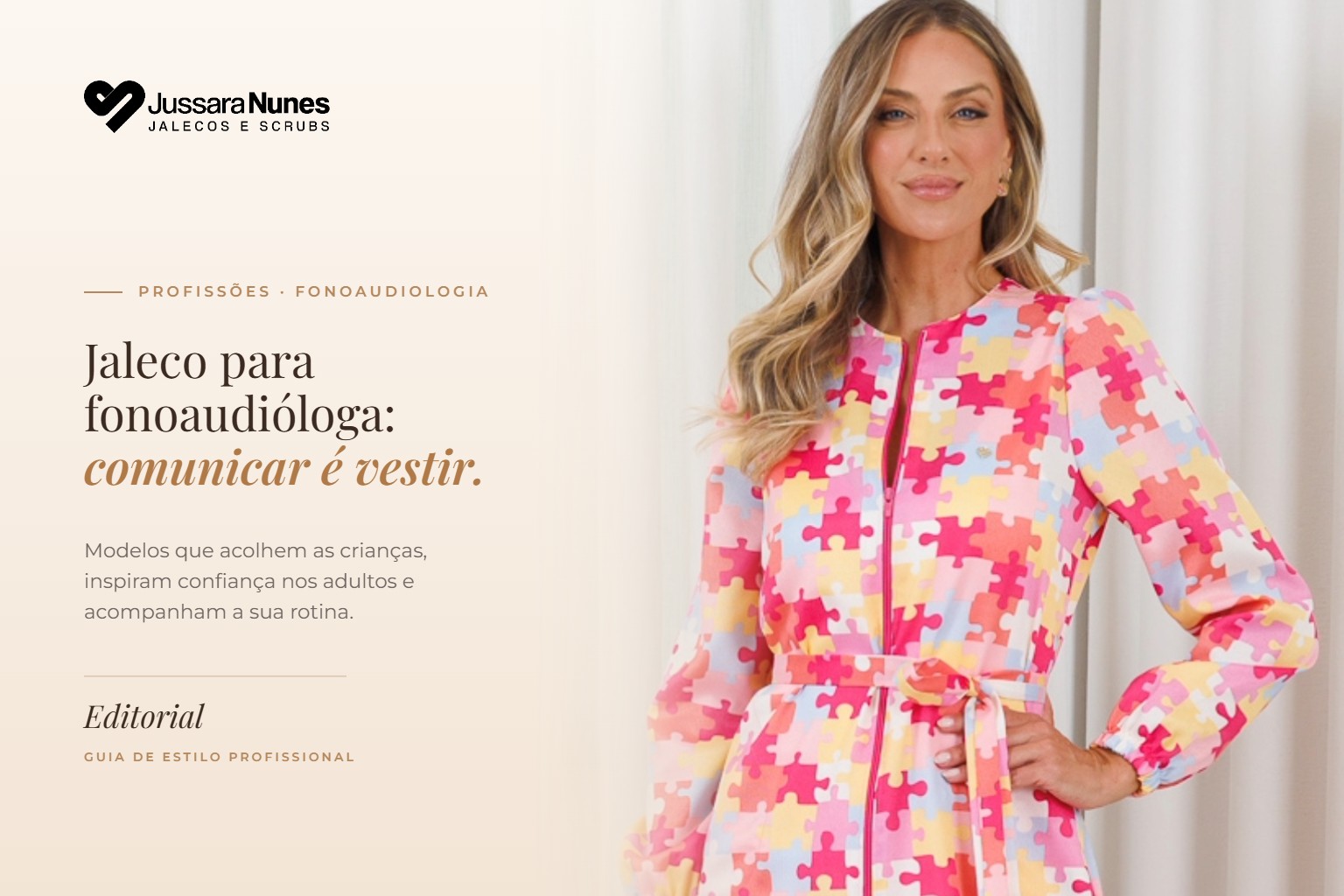 Capa Jaleco para fonoaudióloga: profissional usando o Jaleco Pediatria Quebra-Cabeça Pink da Jussara Nunes