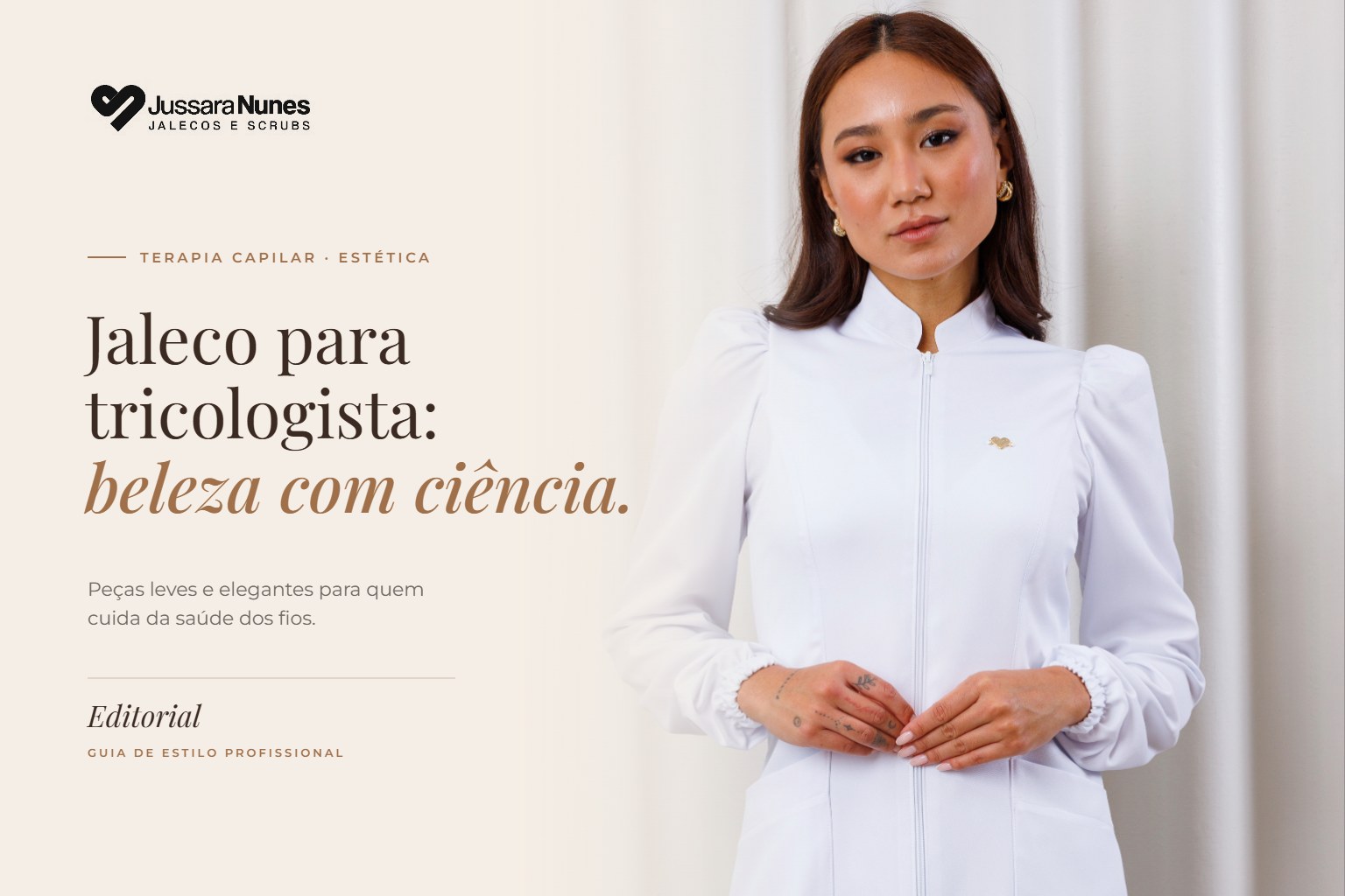 Jaleco para tricologista - Jaleco Teddy Branco Jussara Nunes
