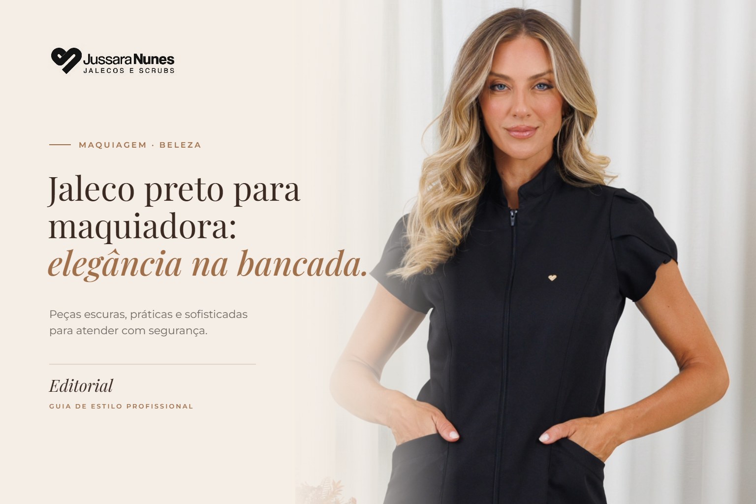 Jaleco preto para maquiadora - Jaleco Luana Preto Jussara Nunes