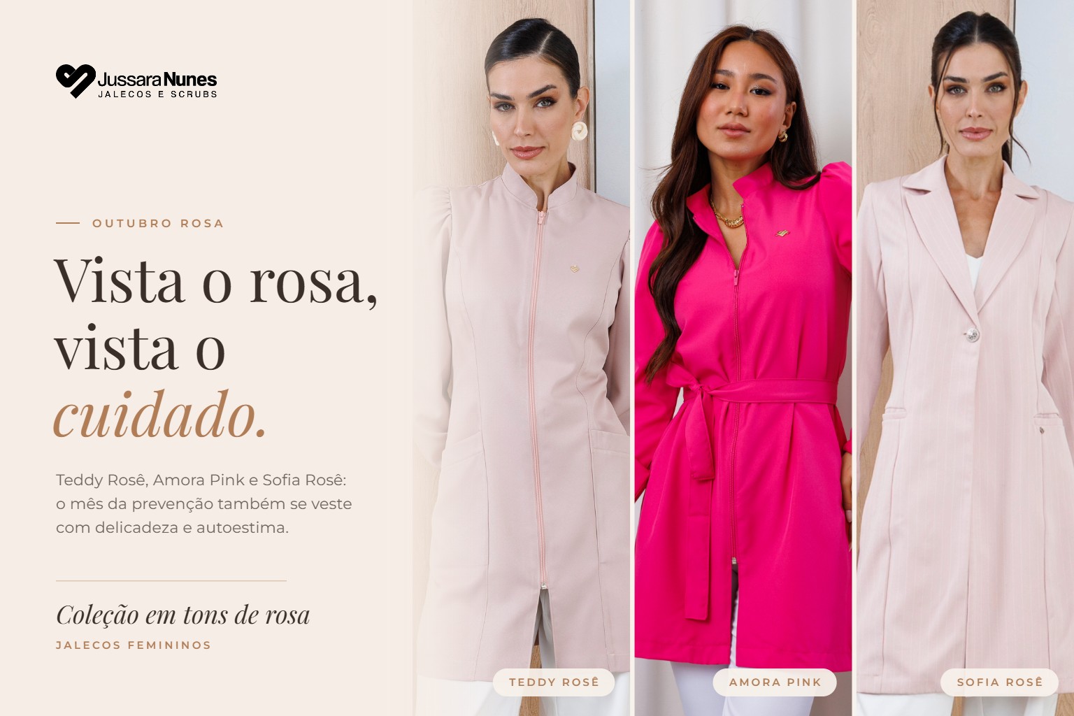 Outubro Rosa: jalecos femininos Teddy Rosê, Amora Pink e Sofia Rosê da Jussara Nunes Jalecos e Scrubs