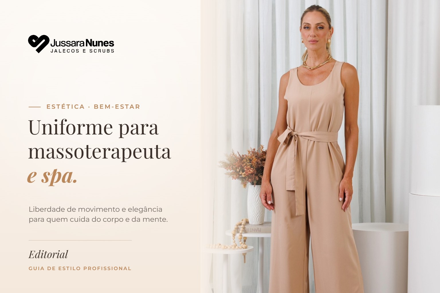 Capa uniforme para massoterapeuta e spa: profissional usando Macacão Duna Bege com elastano da Jussara Nunes